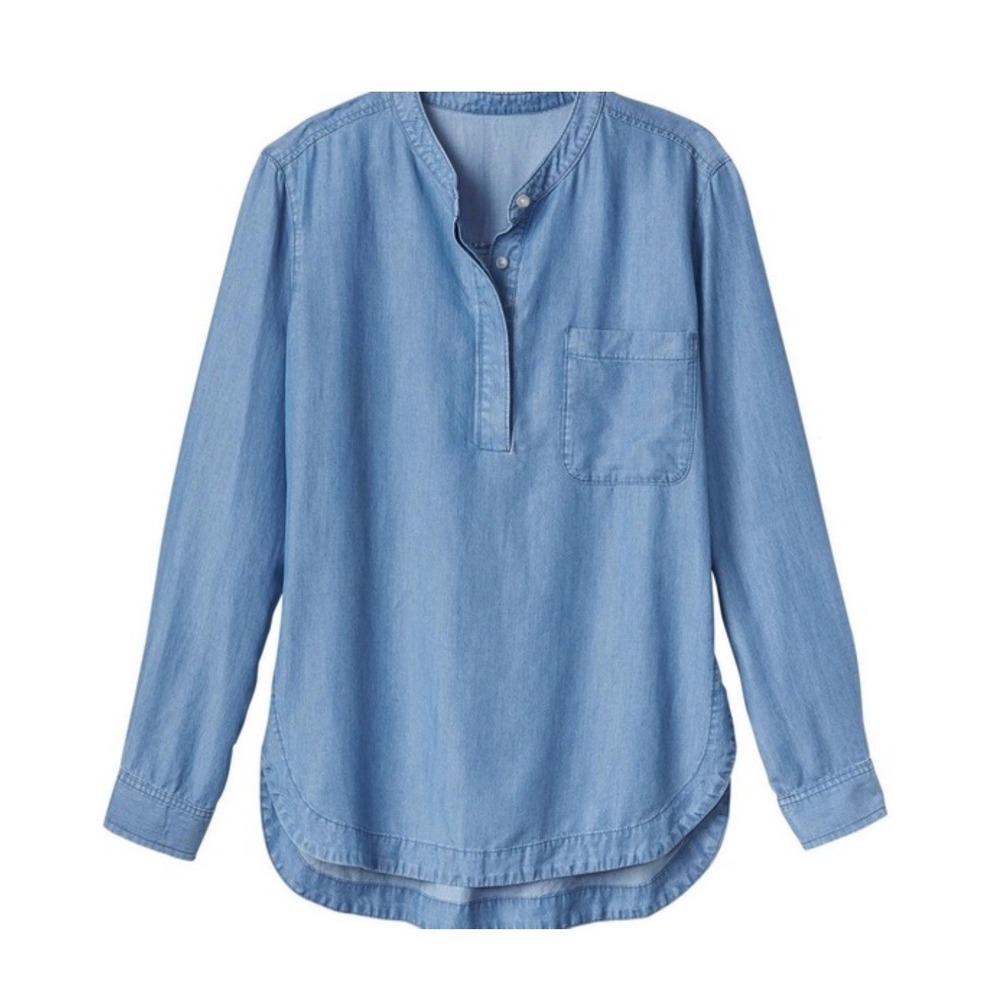 Athleta Henley Popover Tunic Chambray Top Women's Size S 100% Tencel